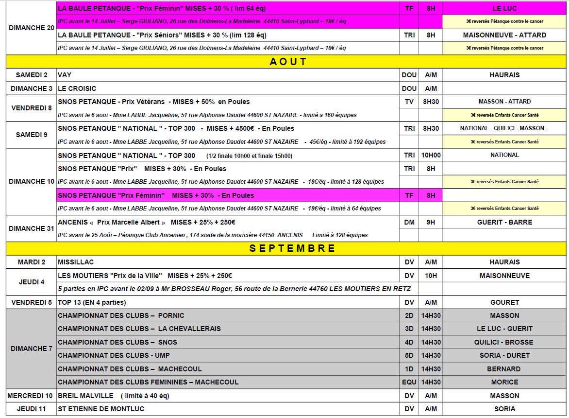 CALENDRIER OFFICIEL 2025 club Pétanque CD 44 PETANQUE Clubeo
